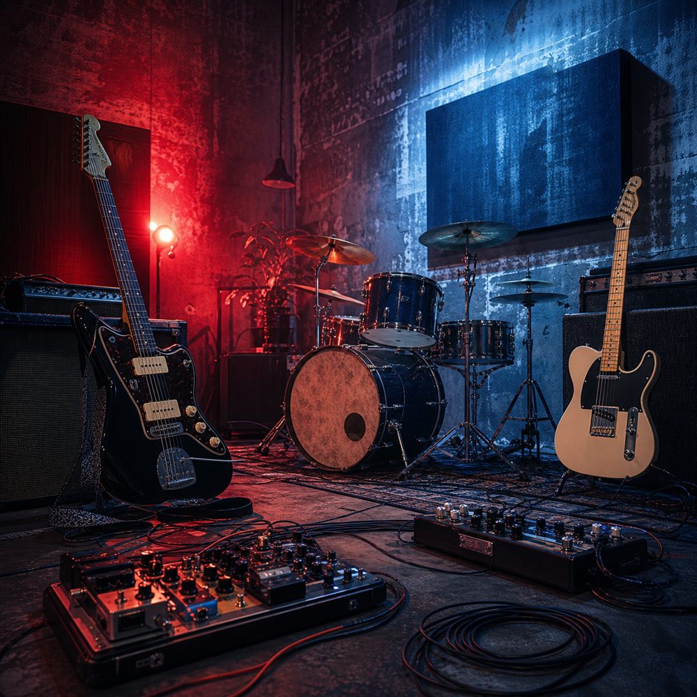 Electric guitars and rock rehearsal room atmosphere