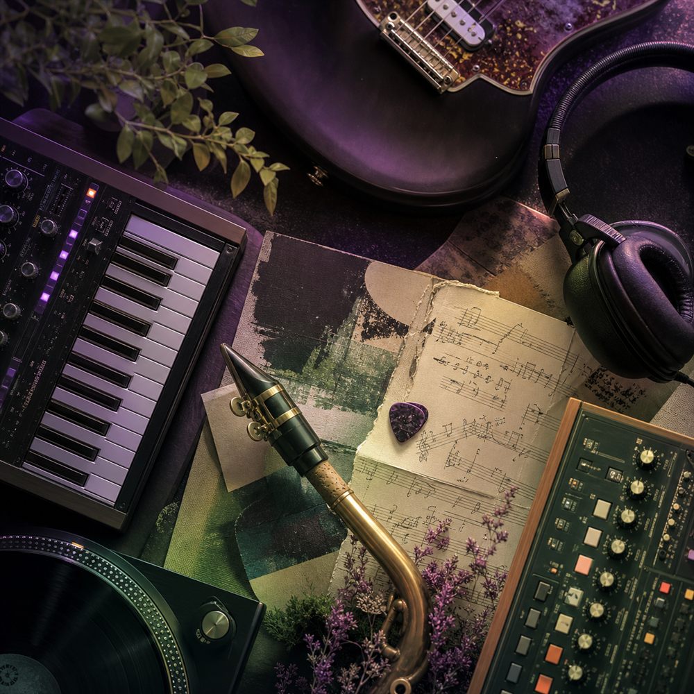 Indie jazz and electronic music desk collage