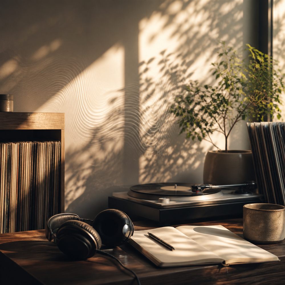 Quiet listening corner with headphones and records