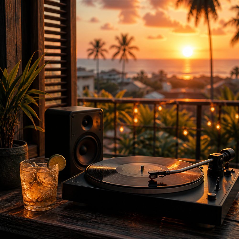 Warm sunset playlist scene with turntable and speaker